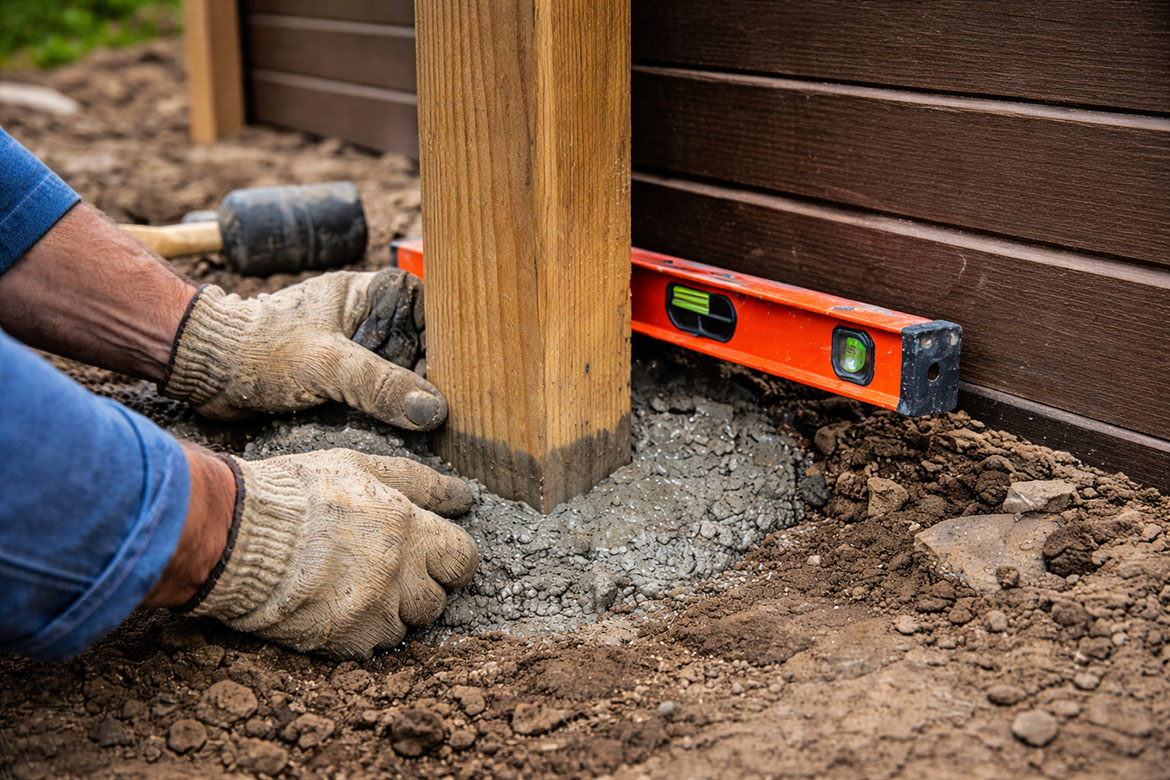 Fencing installation with posts set in concrete and panels leveled for long-term stability.