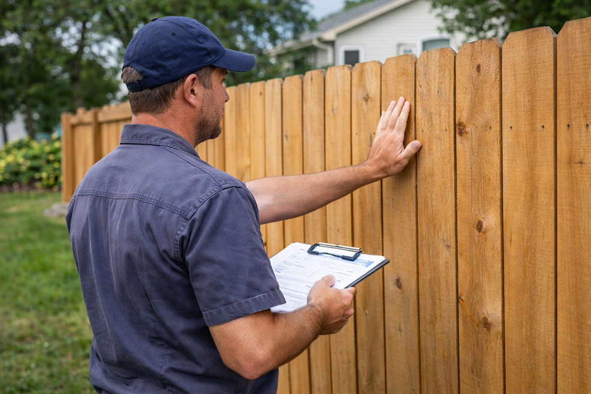 Fencing contractor reviewing a completed fencing installation on a residential property.